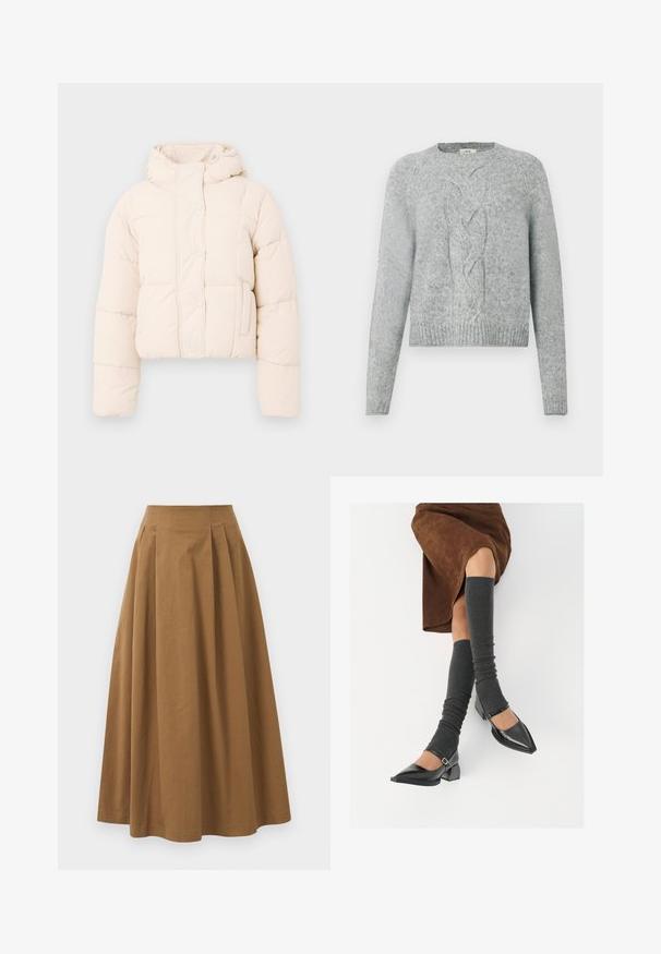 Beige puffer jacket with a hood, featuring a quilted design, snap buttons, and side pockets. Soft, padded texture for warmth.; Light grey knit sweater with long sleeves, crew neck, and central cable knit pattern on the front.; Brown cotton A-line skirt with a high waist, featuring pleats down the front and a smooth texture. Hem finishes are clean and simple.; Black patent leather pointed-toe shoes with a block heel and ankle strap, paired with gray ribbed leg warmers and a brown suede skirt.