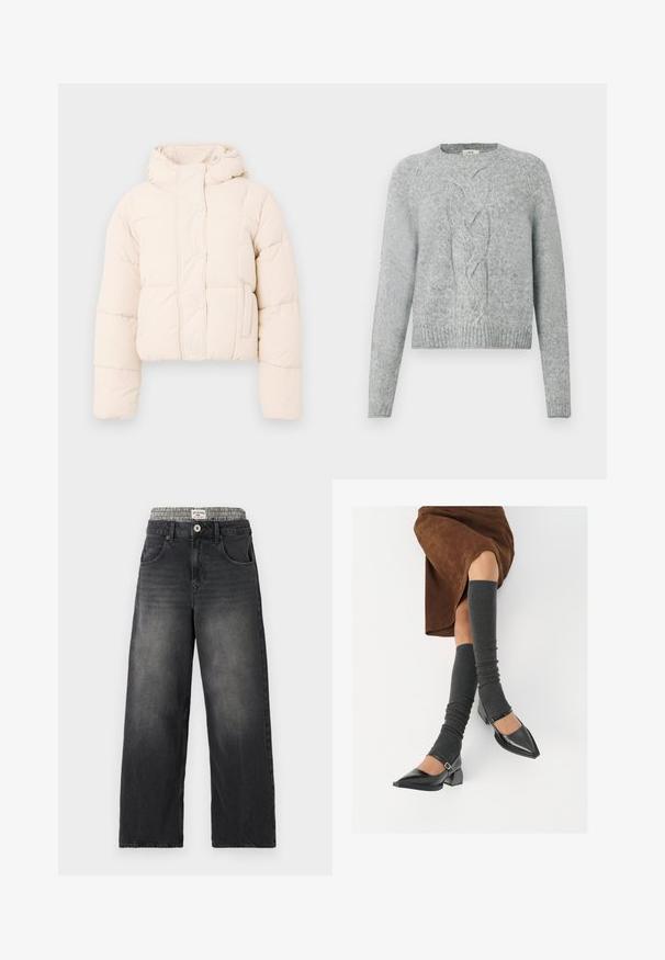 Beige hettejakke med quiltet design, trykknapper og sidelommer. Myk, polstret tekstur for varme.; Lys grå strikket genser med lange ermer, rund hals og sentral flettestrikkmønster på forsiden.; Sorte denim bukser med vide ben og et houndstooth-mønstret taljebånd. Funktioner inkluderer forlommer og knappelukning. Slidt tekstur.; Sorte lakkpumps med spiss tå, blokkhel, og ankelstropp, kombinert med grå ribbestrikkede beinvarmere og et brunt semsket skinn skjørt.