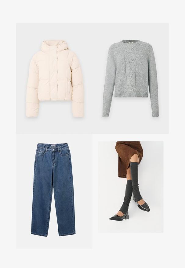 Beige pufferjakke med hætte, prydet med en quiltet design, trykknapper og sidelommer. Blød, polstret tekstur for varme.; Lys grå strikket sweater med lange ærmer, rund hals og centralt kabelstrik på fronten.; Klassiske blå denimbukser med lige ben, fem lommer og knaplukning. Har en medium vask og en robust tekstur.; Sorte patenterede lædersko med spids tå, blokhæl og ankelrem, kombineret med grå ribbede benvarmere og en brun ruskinds nederdel.
