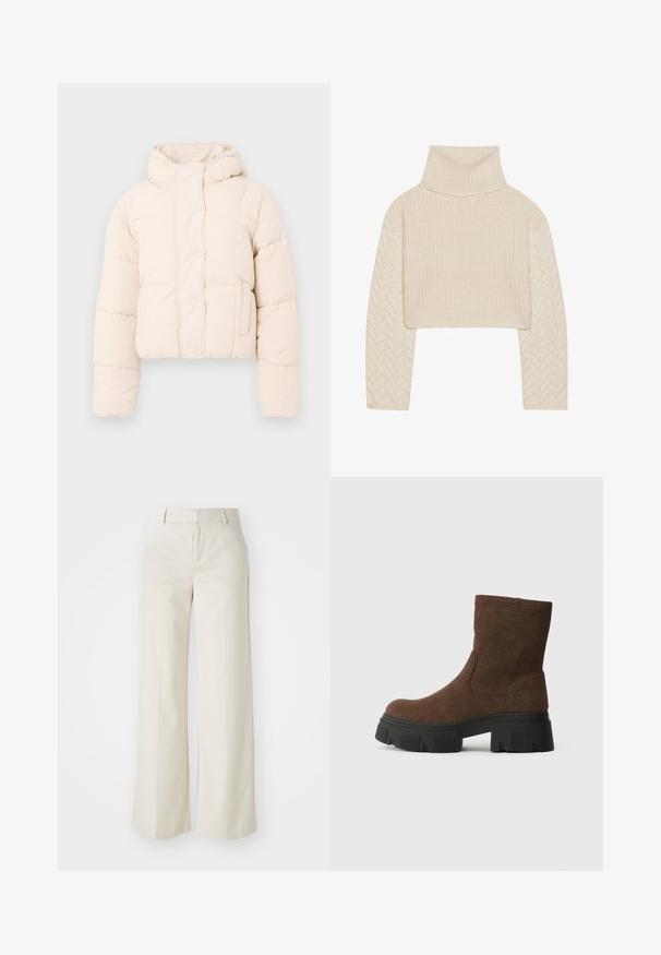 Beige színű pufi dzseki, kapucnival, steppelt dizájnnal, patent gombokkal és oldal zsebekkel. Puha, párnázott textúra a melegségért.; Tejkrémszínű, rövid fazonú pulóver magas nyakkivágással, struktúrált kötött testtel és halszálka mintázatú ujjal. Puha fonalból készült.; Világos bézs színű, széles lábú nadrág, sima anyagból készült. Klasszikus derékrésszel és lapos elülső résszel, letisztult vonalakkal rendelkezik.; Barna velúr bokacsizmák textúrázott felülettel, lekerekített orral és vastag fekete gumitalppal, amelyen mintázat található.