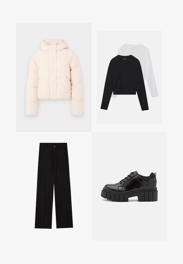 Šviesiai rudas pūkinis paltas su kapišonu, su siuvinėta danga, spaudimo mygtukais ir šoninėmis kišenėmis. Minkšta, paminkštinta tekstūra šilumai.; Du dušo ilgomis rankovėmis marškiniai: vieni juodi, kiti balti. Abu marškiniai turi apvalų iškirpimą, raglan tipo rankoves ir minkštą medvilnės mišinio audinį.; Plati juodos kelnės, pagamintos iš lygaus audinio, su priekinėmis kišenėmis ir mygtuko užsegimu liemenyje. Minimalistinis dizainas be raštų.; Juodi odiniai platformos batai su masyviu blokuota kulniuku, apvalia nosimi ir tradiciniu šnypštimo dizainu. Turintys glotnų paviršių ir minimalų dekoravimą.