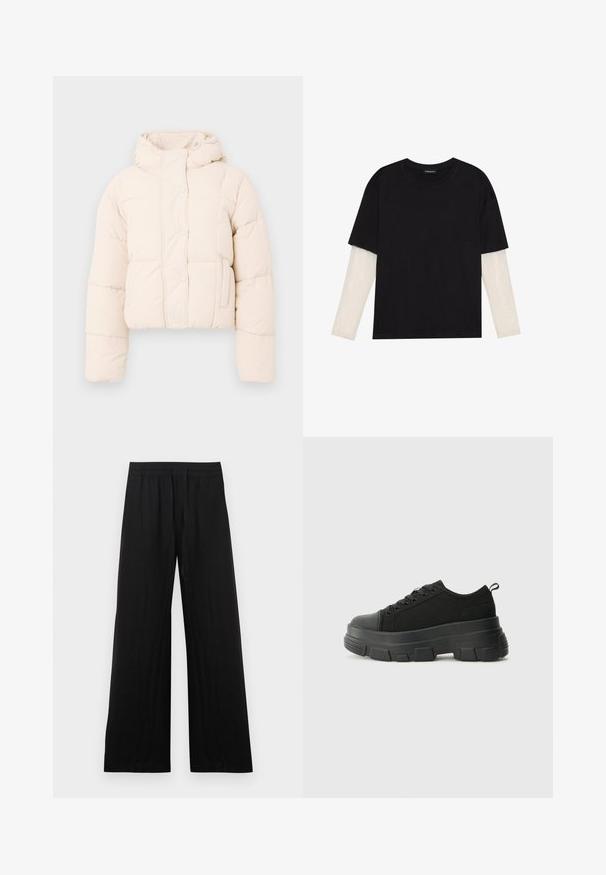 Beidzs puffer jaka ar kapuci, ar kvadrātveida šuvēm, pogām un sānu kabatām. Mīksta, polsterēta tekstūra siltumam.; Melna kokvilnas T-kreklu ar īsām piedurknēm, virs baltas garām piedurknēm ar smalku teksturētu rakstu. Apaļas kakla izgriezuma dizains.; Melnas, platas bikses ar platām kājām, izgatavotas no kokvilnas auduma. Tām ir elastīga jostasvieta un gluda, teksturēta virsma. Bez redzamām rakstu zīmēm vai izcēlumiem.; Melnas kedas ar masīvu gumijas zoli, teksturētu auduma augšdaļu, apaļu purngalu un saistīšanas dizainu. Iekļautas pastiprinātas acs atveres un aizmugurējais cilpiņas siksniņa.