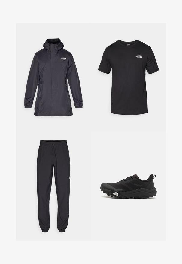 The North Face ANTORA PARKA - Hardshelljacka - black; Svart t-shirt med kort ärm gjord av bomull, med rund halsringning och en liten vit logotyp på övre vänstra bröstområdet.; Svarta träningsbyxor tillverkade av lättviktsmaterial, med dragsko i midjan, sidofickor och avsmalnande muddar vid anklarna.; Svart terränglöparsko med en strukturerad ovandel, gummisula och förstärkt tåhätta. Har en vadderad krage och en dragflik för enkel påtagning.