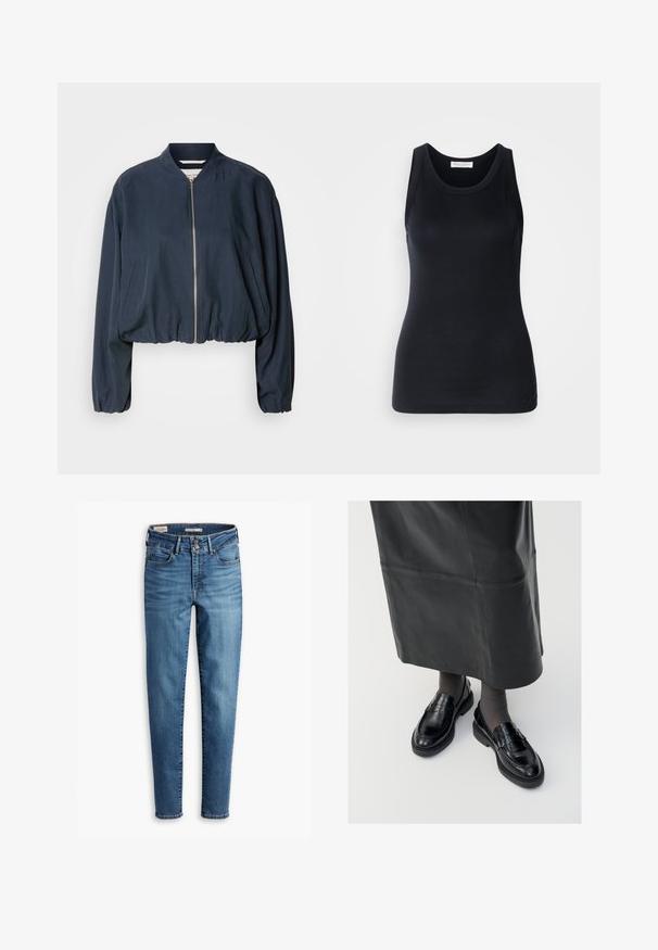 Granatowa kurtka bombowca z zapięciem na zamek, elastycznym wykończeniem dołu i długimi rękawami. Posiada boczne kieszenie i gładką fakturę.; Czarny top na ramiączkach wykonany z miękkiego, rozciągliwego materiału. Posiada okrągły dekolt i szerokie ramiączka, ma dopasowany krój oraz gładką fakturę.; Dżinsy skinny z wysokim stanem w jasnoniebieskim deninie. Posiadają pięć kieszeni, zapięcie na guzik z przodu oraz klasyczne detale przeszycia.; Czarne skórzane mokasyny o gładkim wykończeniu, z ozdobnym paskiem, okrągłym noskiem i teksturowaną podeszwą. Noszone z długą czarną skórzaną spódnicą.