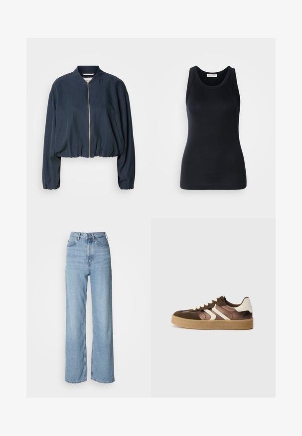 Giacca bomber navy con chiusura a zip, orlo elasticizzato e maniche lunghe. Dotata di tasche laterali e una texture liscia.; Top nero senza maniche realizzato in un tessuto morbido e elasticizzato. Caratterizzato da un collo rotondo e spalline larghe, con una vestibilità aderente e una superficie liscia.; Jeans blu chiaro a vita alta con gamba dritta, realizzati in denim, dotati di chiusura frontale con bottone e dettagli di sfumatura leggera.; Sneaker marroni e crema realizzati in una combinazione di materiali scamosciati e satinati, con tre strisce diagonali e una suola in gomma testurizzata.
