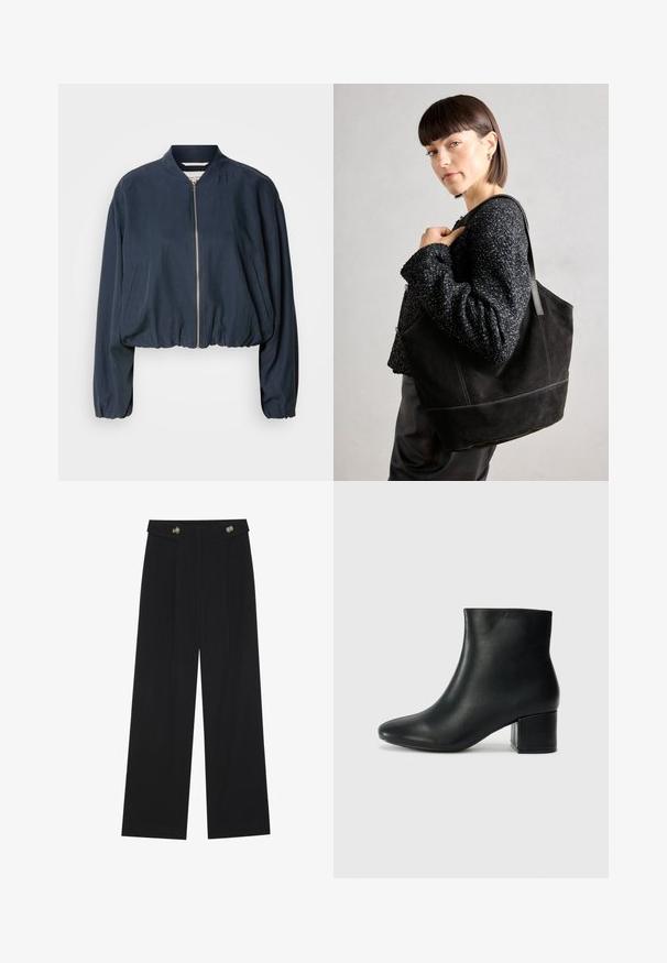 Tengerészete bombázó dzseki cipzárral, elasztikus derékkal és hosszú ujjakkal. Oldalsó zsebekkel és sima textúrával rendelkezik.; Két fekete, hosszú ujjú póló V nyakkal, puha, rugalmas anyagból, sima textúrával és testhezálló fazonnal.; Fekete, bő szárú nadrág magas derékkal, gombos részletekkel a derékrészen és elülső pliszékkal.; Fekete bőr bokacsizma hegyes orral és vastag sarokkal. Sima felület minimális díszítéssel és karcsú, passzos kialakítással.; Fekete, velúr anyagú tote táska sima felülettel, strukturált formával és kontrasztos varrással. Hosszú pántjai lehetővé teszik a vállon való hordást.