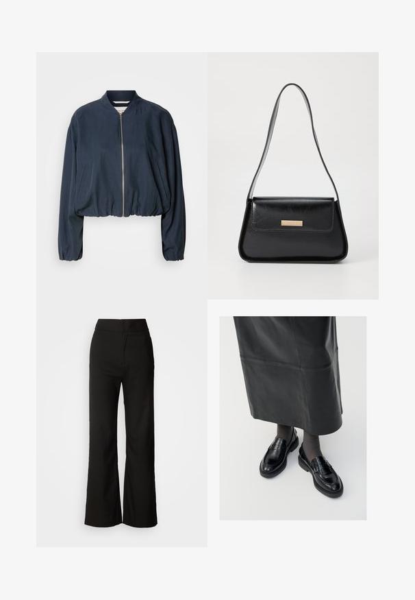 Marineblauer Bomberjacke mit Reißverschluss, elastischem Saum und langen Ärmeln. Verfügt über Seitentaschen und eine glatte Textur.; Schwarzes ärmelloses Rollkragenoberteil, aus glattem Stoff hergestellt. Eng anliegendes Design mit hohem Kragen und geradem Saum, minimalistisch und in einfarbiger Ausführung.; Schwarze weit geschnittene Hosen mit glatter Textur, hoher Taille und klarem Design. Keine sichtbaren Taschen oder Verzierungen.; Schwarze Lederloafers mit glatter Oberfläche, verziert mit einem dekorativen Riemen, runder Zehenpartie und texturierten Sohlen. Getragen mit einem langen schwarzen Lederrock.; Schwarze Lederhandtasche mit einer strukturierten dreieckigen Form, schmalem Trageriemen und goldfarbenen Beschlägen, die über ein Logo-Emblem auf der vorderen Klappe verfügt.; Goldene Creolen mit einer strukturierten, unregelmäßigen Form. Sie verfügen über einen nahtlosen Verschluss und eine polierte Oberflächenbehandlung, die ein modernes Design betont.