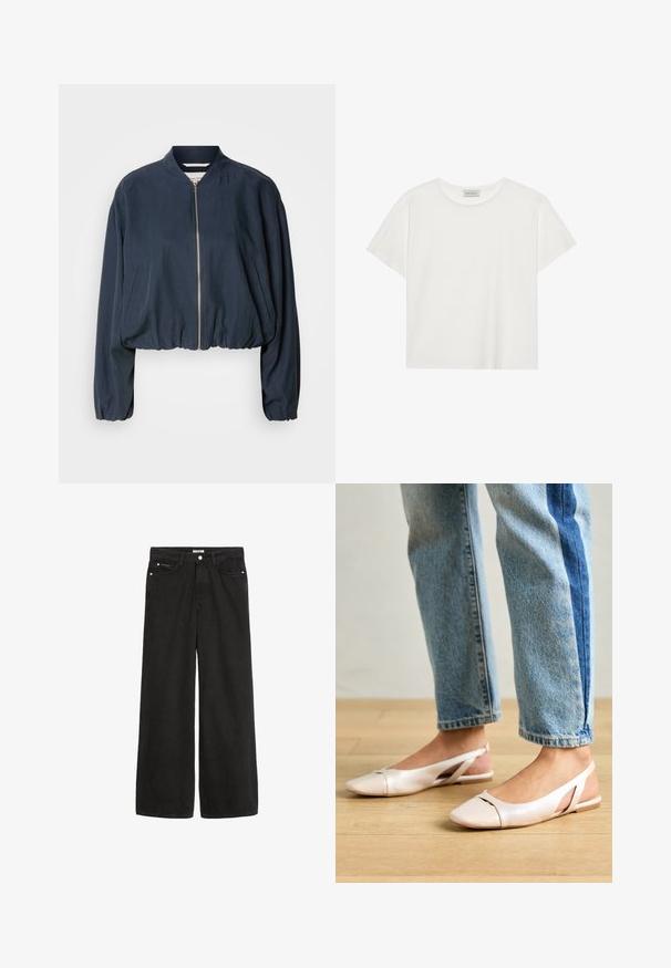 Marine bomberjakke med glidelås, elastisk hem og lange ermer. Har sidelommer og en jevn tekstur.; Hvit T-skjorte med kort erm laget av myk bomull. Har rund hals og avslappet passform. Rent design uten synlige mønstre eller aksenter.; Bredde ben svarte denimjeans med høy midje. Har fem lommer, metallhardware og en ren finish. Teksturen er glatt og myk.; Lys rosa slingback leiligheter med spiss tå, laget av et glatt, læraktig materiale. Har utskjæringer på sidene og lav hæl.