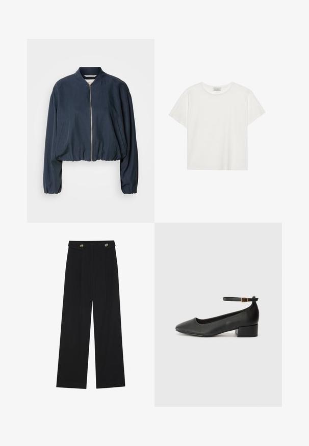 Tumesinine pommitajan jope, millel on lukuga sulgemine, elastne ääreosa ja pikad varrukad. Omab külgmisi taskuid ja sileda tekstuuri.; Valge lühikeste varrukatega t-särk, mis on valmistatud pehmest puuvillast. Omab ümmargust kaelust ja mugavat lõiget. Puhtad jooned, ilma nähtavate mustrite või aktsentideta.; Mustad laiad püksid kõrge vöökoha ja nööpdetailidega vööandil, esikortsudega.; Must mustaapp, millel on terav nina ja madal blokk-kand. Omab pahkluu rihma koos kuldse tooni pandlaga. Sile tekstuur.