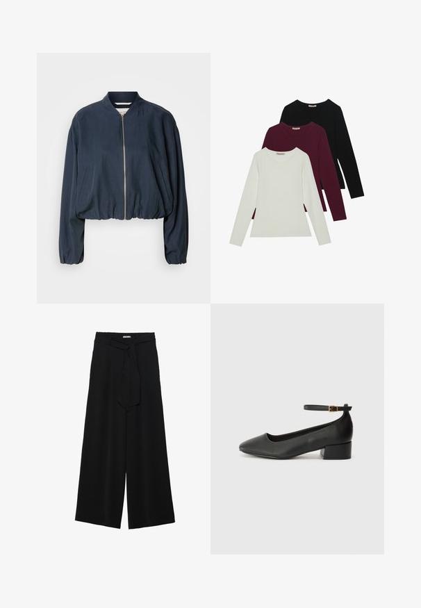 Jachetă de bombardier navy, cu fermoar, tiv elastic și mâneci lungi. Prezintă buzunare laterale și o textură netedă.; Tricouri cu mânecă lungă în alb, burgundy și negru. Realizate dintr-un material moale, cu un guler rotund și un design ajustat. Potrivite pentru straturi.; Pantaloni largi negri dintr-un material texturat, cu un tiv elastic și o panglică detașabilă la talie pentru un fit ajustabil.; Pantof cu toc negru din piele, cu vârf ascuțit și toc mic pătrat. Dispune de o curea la gleznă cu o cataramă în tonuri de aur. Textură netedă.