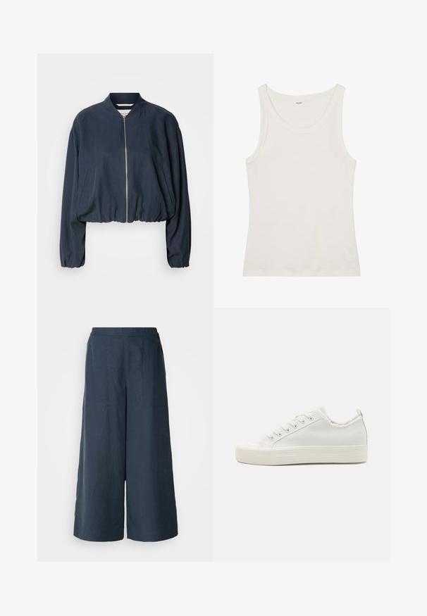 Tengerészete bombázó dzseki cipzárral, elasztikus derékkal és hosszú ujjakkal. Oldalsó zsebekkel és sima textúrával rendelkezik.; Fehér pamut ujjatlan felső széles nyakkivágással és vékony pántokkal. Sima felület, látható minták vagy díszítések nélkül.; Sötétkék, bőszárú nadrág könnyű anyagból. Enyhén texturált felülettel, rugalmas derékkal és elülső varratokkal rendelkezik.; Fehér vászon tornacipők texturált felsőrésszel, kerek orral, lapos talppal és fűzős előlappal. Enyhén elnagyolt gallérjukkal és húzófüllel rendelkeznek.