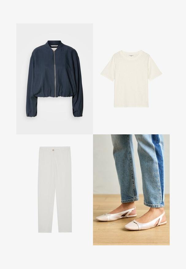 Navy bomber jacket with a zip closure, elasticated hem, and long sleeves. Features side pockets and a smooth texture.; Off-white short-sleeve T-shirt made of soft, textured fabric with a round neckline and a relaxed fit. No logos or additional details present.; White, tailored trousers with a straight leg design, featuring a button closure, belt loops, and side pockets; smooth fabric texture.; Pale pink slingback flats with a pointed toe, made from a smooth leather-like material. Features cut-out details at the sides and a flat heel.