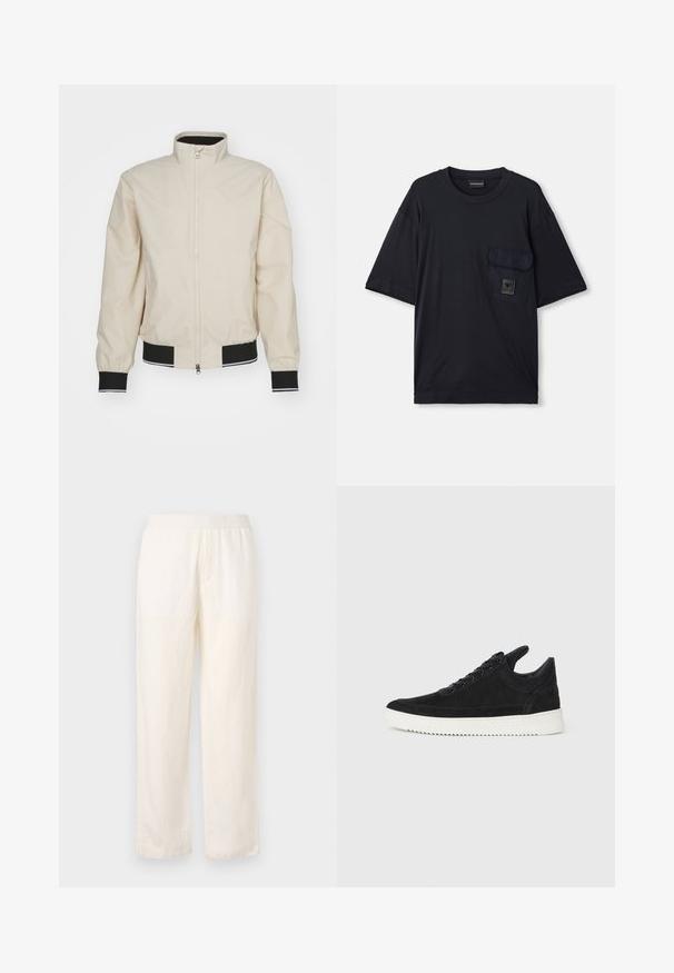 Svetlobežový bomber kabát s vysokým golierom, zipsom na uzatvorenie, čiernymi ribbed manžetami a spodným okrajom so bielymi pruhmi. Hladký, ľahký materiál.; Čierne tričko s krátkym rukávom a okrúhlym výstrihom, s klopovým vreckom na ľavej hrudi, na ktorom sa nachádza malá obdĺžniková nášivka s logom.; Ľahké, krémové nohavice s elastickým pásom, rovný strih a jemná textúra. Nemajú viditeľné vrecká.; čierne semišové tenisky s bielou gumovou podrážkou, s tonálnym prešívaním a šnurovaním. Hladká textúra s moderným, zjednodušeným tvarom.
