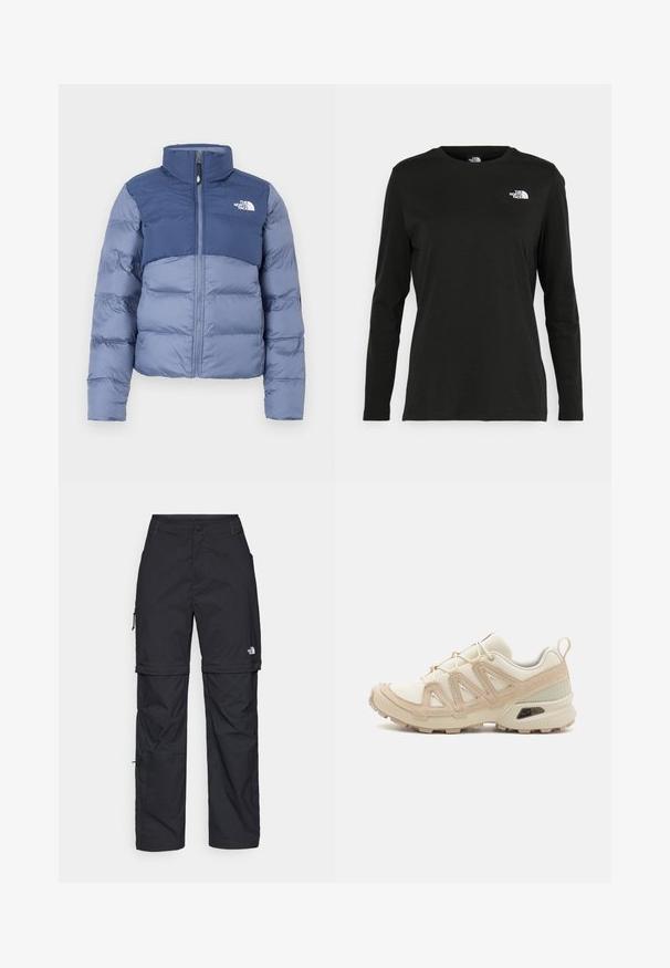 Pufferjakke i mørk og lys blå med glidelås foran og The North Face-logo på brystet, designet for kaldt vær.; Svart langermet T-skjorte laget av bomull med rund hals. Har en liten hvit logo på venstre brystområde. Enkelt design og passform.; Svarte nylon cargo-bukser med glidelås og justerbare mansjetter, flere lommer og en logo på høyre bein. Glatt, lett tekstur.; Beige og krem joggesko med teksturert mesh-overdel, støttende overlegg og gummisåle med et mønster for godt grep.