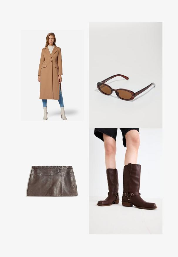Lange, camel-kleurige jas met een textuurafwerking, sluiting met één knoop, geknipte revers en twee zijzakken; gedragen over blauwe jeans en witte laarzen.; Bruine nep leren haltertop met een diepe V-hals, een aansluitend ontwerp en een ritssluiting aan de voorkant. De stof heeft een gladde, glanzende textuur.; Bruine leren mini rok met een studs tailleband en een riemlus met een gesp, een gladde textuur en een strakke, rechte uitstraling.; Bruine leren kniehoge laarzen met een ronde neus, gestructureerd oppervlak, enkelriem en zilveren hardware-detail; opgestapelde hak.; Ronde, bruin getinte zonnebril met een glanzend bordeauxrood frame. Slanke pootjes met subtiele merkdetails. Vlakke lensontwerp.; Bruine lederen hobo tas met een slordig ontwerp en een gladde textuur. Casual gedragen door een model, met een grote opening en een ronde vorm.