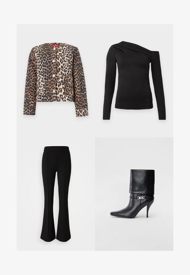 Geprint jasje met luipaardmotief, cropped lengte, ronde hals, vier knopen en twee voorkeurszakken. De stof heeft een soepele textuur met een mix van bruine en zwarte tinten.; Zwart langemouwen top met een asymmetrische halslijn, waarbij één schouder bloot is en zachte draping over de borst valt.; Zwarte flared broek gemaakt van een rekbaar materiaal met een gladde textuur, met naaddetails aan de voorkant voor extra ontwerp.; Zwarte leren enkelboot met een spitse neus, hoge stilettohak, opgevouwen manchet en een gouden decoratieve gespdetails op de enkel.
