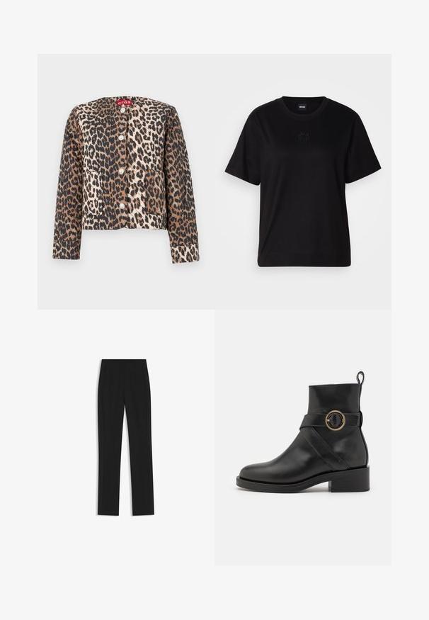 Veste courte imprimée léopard avec un col rond, quatre boutons et deux poches avant. Le tissu a une texture lisse avec un mélange de tons marron et noir.; T-shirt en coton noir avec un col rond, des manches courtes et un logo brodé sur la poitrine. Coupe simple et décontractée sans motifs.; Pantalon noir ajusté avec une coupe droite, doté de poches avant et d'un tissu lisse et texturé. Détails soignés et minimalistes.; BOSS IRYNA BOOTIE - Bottines à plateau - black