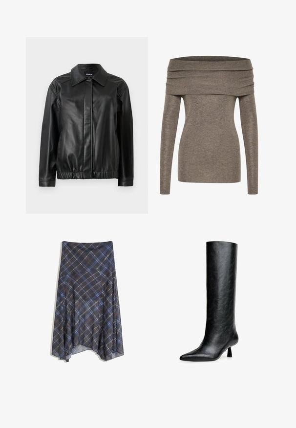 Mustaa nahkatakkia, jossa on kauluksellinen kaulus, joustava vyötärö, pitkät hihat ja sileä pinta. Yksinkertainen muotoilu ilman koristeluja.; Olkapäiden paljastava paita pehmeästä, ribatusta harmaanruskeasta kankaasta. Pitkät hihat, vartalonmyötäinen muotoilu ja leveä taitettu pääntie korostavat siluettia.; Mustahuivi hame, jossa on sinisiä ja ruskeita viivoja, virtaava muotoilu, keskipituinen, valmistettu kevyestä kankaasta, jolla on sileä texuuri.; Musta polvenkorkuinen saapas, joka on valmistettu teksturoidusta nahasta. Varustettu teräväkärkisellä muotilla ja pienellä levenevällä korolla. Suora, sileä muotoilu, jossa on minimaalinen koristelu.