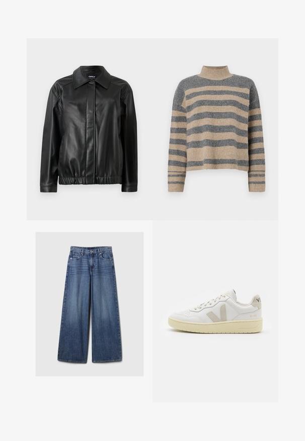 Must nagu nahkjakk, millel on krae, elastne vöökoht, pikad varrukad ja sile tekstuur. Lihtne disain, ilma dekoratsioonideta.; Triibuline kudumipusa, millel on hallid ja beezid toonid, kõrge kaelus, laiad mansetid ja vabalt langev lõige koos lühendatud disainiga.; Laiad sinised denimpüksid, millel on pleekinud viimistlus, nupp ja lukuga sulgemine, viis taskut ning vööaasad.; Valge nahast tenniseking, millel on beežist siidist aktsent ja aukudega varvas, lame paelad ja tekstureeritud koorevärvi tallad. Omab nüansirikast brändimist kannal.