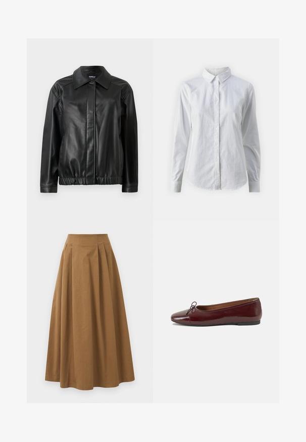 Svart skinnjakke med kragehalser, elastisk midje, lange ermer og glatt tekstur. Enkel design uten dekorasjoner.; Hvit skjorte med knapper laget av glatt bomull, med klassisk krage, lange ermer og buet skjær. Knapper er små og hvite.; Brun bomull A-linje skjørt med høy midje, med folder foran og en jevn tekstur. Kantene er rene og enkle.; Burgunderrød lakk lær ballettleilighet med rund tå, liten sløyfe foran og en lav, svart gummisåle. Glatt tekstur.