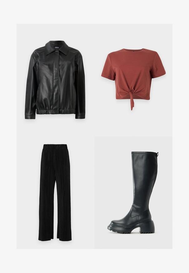 Jachetă din piele neagră, cu guler, talie elastică, mâneci lungi și textură netedă. Design simplu, fără embellishments.; Tricou scurt, de culoare ruginită, din bumbac moale, cu mâneci scurte și un detaliu nodat în față. Textură netedă, decolteu rotund.; Pantaloni negri plisati cu talie elastică. Prezintă picioare largi și un material neted, texturat, cu dungi verticale.; Cizme lungi din piele neagră cu talpă platformă masivă și tocul pătrat, având un tab de tragere și un model texturat pe talpa exterioară.