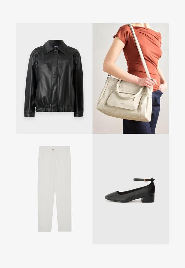 Sort læderjakke med krave, elastisk talje, lange ærmer og glat overflade. Enkel design uden udsmykning.; Brun kortærmet t-shirt lavet af blødt stof, med rund halsudskæring og afslappet pasform. Ingen synlige mønstre eller detaljer.; Hvide, skrædderlavede bukser med lige ben design, udstyret med knaplukning, bæltesløjfer og sidelommer; glat stoftekstur.; Sorte læderpumper med spids tå og en lav blokhæl. Har en ankelrem med en guldfarvet spænde. Glat tekstur.; Hvid lædertaske med dobbelte hanke og en aftagelig skulderrem, der har en lynlåslomme foran og en glat overflade. Bæres på en persons arm.
