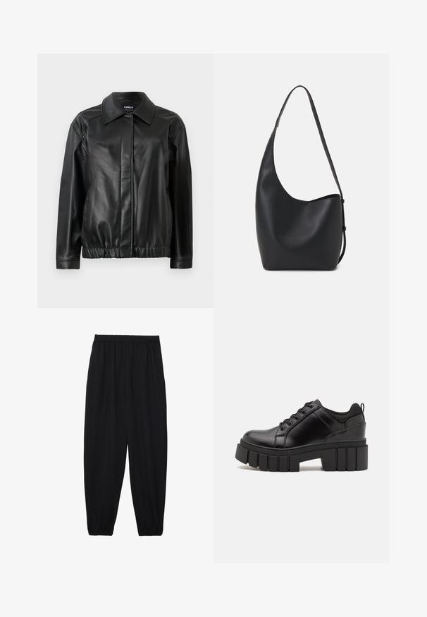 Sort læderjakke med krave, elastisk talje, lange ærmer og glat overflade. Enkel design uden udsmykning.; Sort bomulds T-shirt med korte ærmer, prydet med en lille pink sommerfugl grafik på venstre bryst. Rund hals design med en afslappet pasform.; Sort, lette bukser med elastisk talje og sammenfoldede ankler. Stoffet er glat og har et afslappet, indsnævret design.; Sorte læder platform sko med en klodset blokhæl, rund tå og traditionelt snøredesign. Har en glat tekstur og minimal detaljering.; Sort læder hobo taske med en glat overflade, buet form og en enkelt justerbar rem; har en bred åbning øverst.