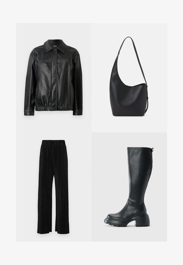 Mustaa nahkatakkia, jossa on kauluksellinen kaulus, joustava vyötärö, pitkät hihat ja sileä pinta. Yksinkertainen muotoilu ilman koristeluja.; Musta puuvillapaita lyhyillä hihoilla, jossa on pieni vaaleanpunainen perhosgrafiikka vasemmassa rinnassa. Pyöreä kaula-aukko ja rento istuvuus.; Mustat pleatatut housut, joissa on joustava vyötärö. Ominaisuuksiin kuuluvat leveät lahkeet ja sileä, teksturoitu kangas, jossa on pystysuoria raitoja.; Korkeat mustat nahkakengät, joissa on paksu pohja ja lohkare korko, varustettuna vetonauhalla ja tekstuurilla ulkopohjassa.; Musta nahkainen hobo-laukku, jossa on sileä pinta, kaareva muoto ja yksi säädettävä olkahihna; sisäänkäynti on leveä ylhäältä.