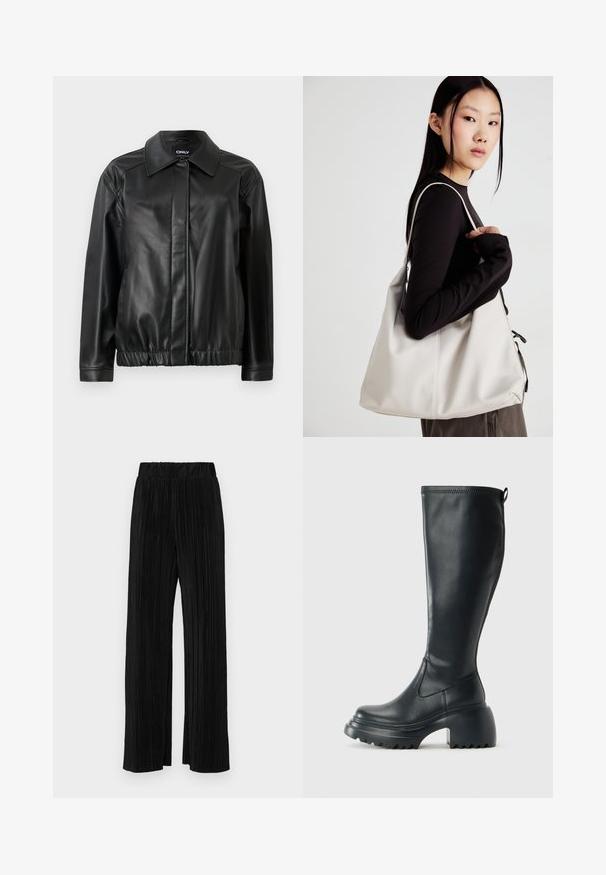 Sort læderjakke med krave, elastisk talje, lange ærmer og glat overflade. Enkel design uden udsmykning.; Sort kortærmet crop top lavet af blødt stof, med rund halsudskæring og en afslappet pasform med en ren nederste kant.; Sorte plisserede bukser med elastisk talje. Har brede ben og et glat, tekstureret stof med lodrette striber.; Høj sort læderstøvle med kraftig platformssål og blokhæl, med trækstrop og tekstureret sål.; Beige håndtaske lavet af blødt materiale med et slouchy design, stikninger og to skulderremme. Velegnet til daglig brug.