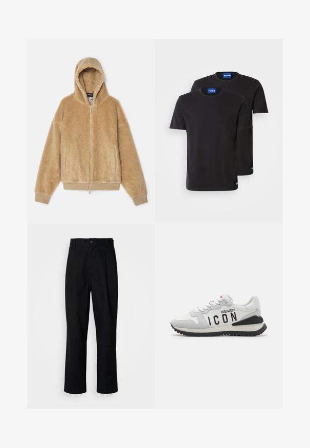 DSQUARED2 ICON RELAX TEDDY ZIPPED HOODIE - Light jacket - camel; Two black cotton T-shirts with round necklines, short sleeves, and blue "HUGO" labels on the collars and side hems.; Black straight-leg trousers with a buttoned waistband, belt loops, and front crease, displayed against a plain white background.; Sneakers made of white leather and grey suede, featuring a black "ICON" logo, white laces, and a black rubber sole.