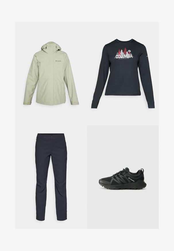 Columbia HIKEBOUND™ II INTERCHANGE JACKET - Regenjacke / wasserabweisende Jacke - safari; Dunkelgraues Langarmshirt mit einem Grafikdesign von roten Bäumen und Bergen; das "COLUMBIA"-Logo in fett weißer Schrift. Weicher Stoff, klassischer Rundhalsausschnitt.; Marineblaue Hose aus glattem Stoff mit einem vorderen Knopfverschluss, schlankem Schnitt und gefalteten Details an den Knien.; Columbia PEAKFREAK - Hikingschuh - black