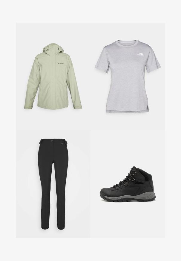 Columbia HIKEBOUND™ II INTERCHANGE JACKET - Waterproof jacket - safari; Grey short-sleeve t-shirt made of soft, moisture-wicking fabric. Features a crew neck and a small white logo on the upper left.; Black, fitted pants made from a flexible material. Features include a zippered side pocket, articulated knees, and a smooth texture.; Black hiking boot with a mid-top design, featuring a textured upper, gray accents, and durable rubber sole with traction lugs.