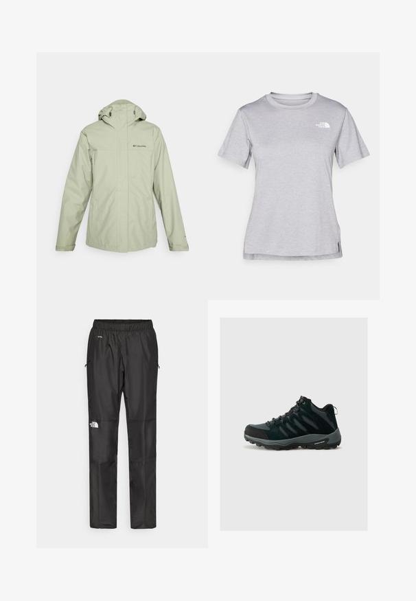 Columbia HIKEBOUND™ II INTERCHANGE JACKET - Regnjakke / vandafvisende jakker - safari; Grå kortærmet T-shirt lavet af blødt, fugttransporterende materiale. Har en rund hals og et lille hvidt logo øverst til venstre.; Sorte vandtætte bukser lavet af letvægtsstof, med elastisk talje, sidelommer og et logo på venstre ben.; Columbia REDMOND - Hikingsko - black/citron haze