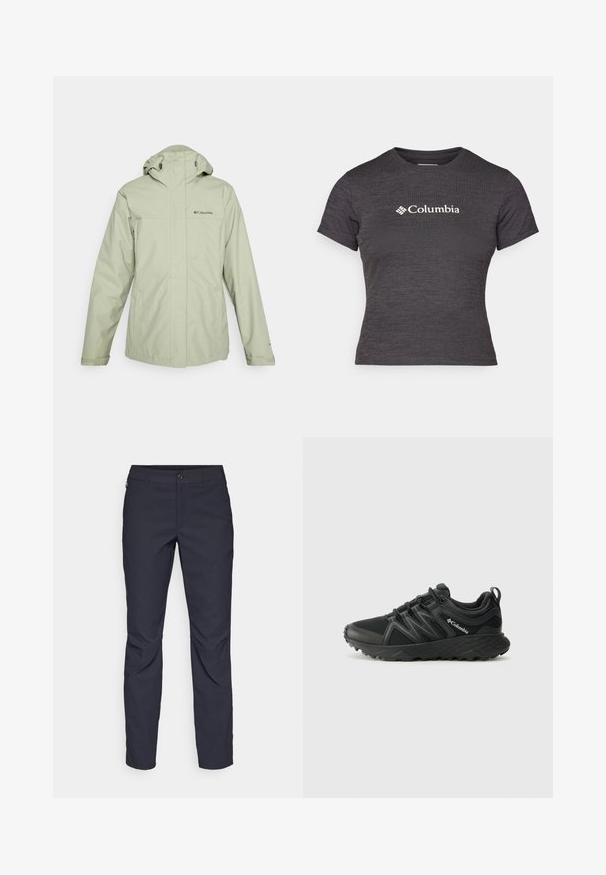 Columbia HIKEBOUND™ II INTERCHANGE JACKET - Vandeniui atspari striukė - safari; Tamsiai pilkas trumpas rankovės marškinėlis, pagamintas iš tekstūruoto audinio, su apvaliu kaklu, puošta balta Columbia logotipu krūtinėje.; Tamsiai mėlynos kelnės, pagamintos iš lygaus audinio, su priekiniais mygtukais, lieknos silueto ir raukšlėmis ant kelių.; Columbia PEAKFREAK - Turistiniai batai - black