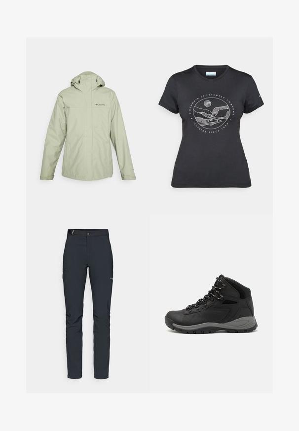 Columbia HIKEBOUND™ II INTERCHANGE JACKET - Waterproof jacket - safari; Black Columbia t-shirt with white circular mountain and river line art and text "Columbia Sportswear Company Outside Since 1938."; Men's outdoor pants, dark gray, made from flexible material, featuring a belt, zippered pockets, and reinforced stitching.; Black hiking boot with a mid-top design, featuring a textured upper, gray accents, and durable rubber sole with traction lugs.