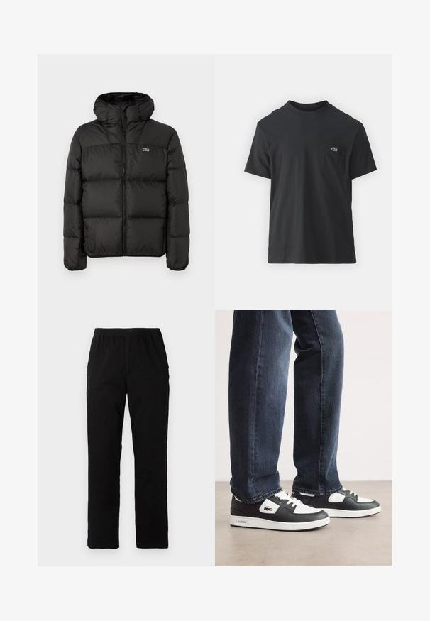 Giacca a vento nera con cappuccio, dotata di chiusura con zip, design trapuntato e un piccolo logo verde sul lato sinistro del petto. Texture liscia e imbottita.; T-shirt in cotone nero con maniche corte, scollatura rotonda e un piccolo logo verde sul taschino sinistro. Design semplice, vestibilità regolare.; Pantaloni neri realizzati in un tessuto misto cotone, caratterizzati da un taglio dritto, vita elastica con bottone e senza motivi o dettagli visibili.; Sneaker Lacoste in bianco e nero con tomaia in pelle testurizzata, dotate di un design con lacci e suola in gomma bianca. Indossate con jeans scuri.