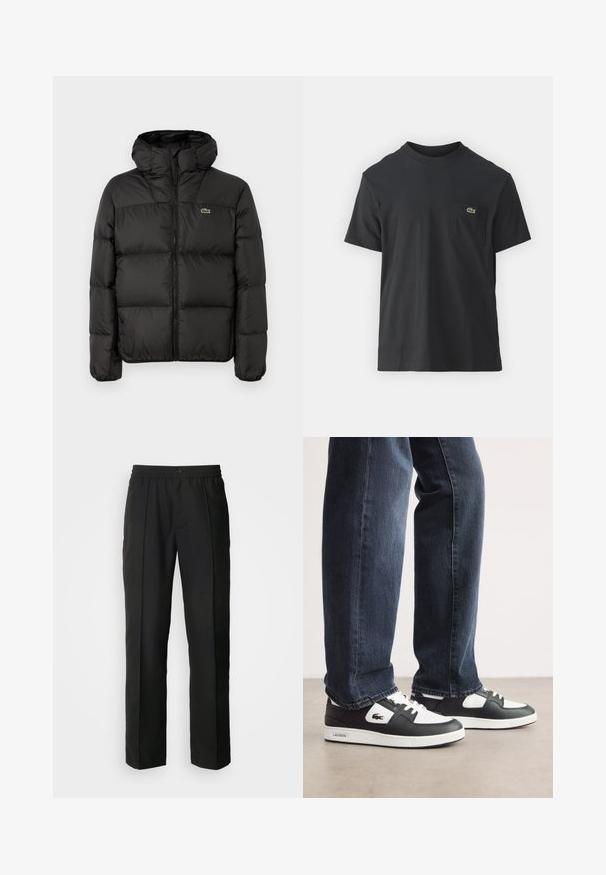 Melnā pūkainā jaka ar kapuci, ar rāvējslēdzēju, kviltotā dizainā un nelielu zaļu logotipu kreisajā krūšu pusē. Gluda, polsterēta tekstūra.; Melnas kokvilnas T-krekls ar īsām piedurknēm, apaļu kakla izgriezumu un mazu zaļu logotipu kreisajā krūšu kabatē. Vienkāršs dizains, regulāra piegriezuma.; Melni bikses ar taisnajām kājām, izgatavotas no gludas auduma. Aprīkotas ar elastīgu jostasvietu un pogu aizdari.; Melnbalti Lacoste sporta apavi ar teksturētu ādas augšdaļu, ar saistēm un baltu gumijas zoli. Nēsāti ar tumšām džinsām.