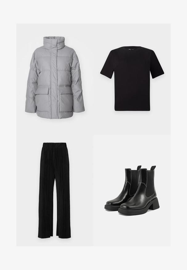 Jachetă puffer gri deschis cu guler înalt, fermoar frontal și două buzunare exterioare mari. Textură netedă cu detalii de cusături orizontale.; Tricou scurt negru cu mânecă scurtă și guler rotund, realizat dintr-un material de bumbac moale. Design simplu, fără logo-uri sau modele vizibile.; Pantaloni negri plisati cu talie elastică. Prezintă picioare largi și un material neted, texturat, cu dungi verticale.; Botine Chelsea din piele neagră, cu toc masiv, panouri laterale elastice și cusături albe contrastante. Finisaj texturat.