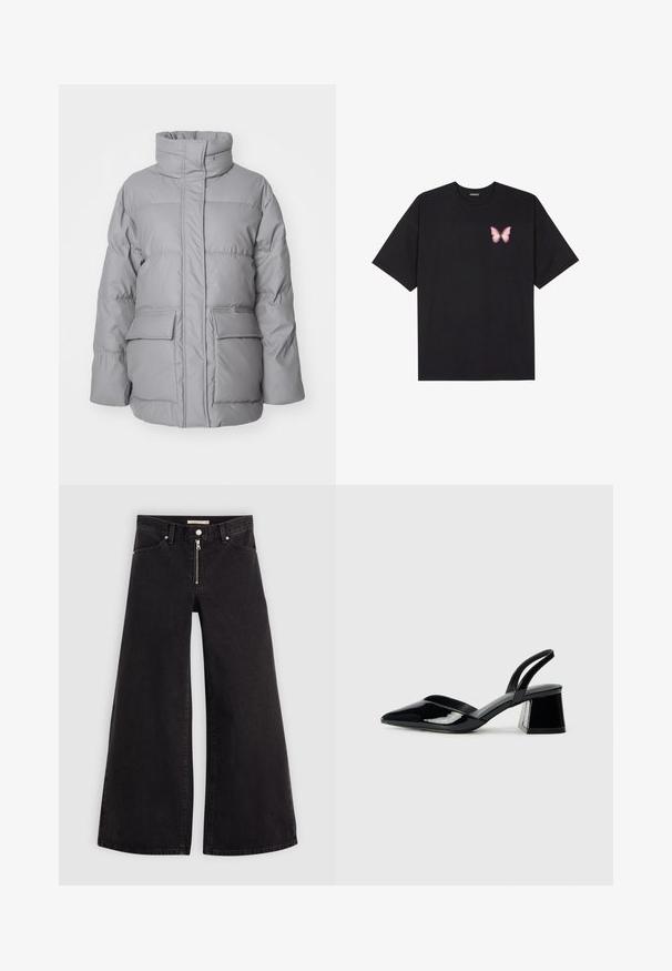 Light gray puffer jacket with a high collar, front zipper, and two large exterior pockets. Smooth texture with horizontal stitching details.; Black cotton t-shirt with short sleeves, featuring a small pink butterfly graphic on the left chest. Crew neck design with a relaxed fit.; Wide-leg jeans in black denim with a zippered front, five-pocket design, and subtle stitching details. Smooth texture and casual style.; Black patent leather slingback heels with a pointed toe and a geometric block heel. Features a sleek, minimal design and smooth texture.
