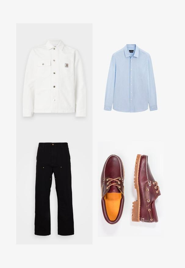 Weißes Denim-Jacket mit Kentkragen, vorderem Knopfverschluss, zwei Brusttaschen und einem Logopatch auf der linken Tasche.; Hellblaues Button-up-Hemd mit vertikalen weißen Streifen, langen Ärmeln, kragenähnlichem Ausschnitt und geradem Saum. Baumwollmischgewebe.; Schwarze Denim-Hosen mit geradem Bein, ausgestattet mit goldenen Hardware-Akzenten und sichtbaren Nähten an den Vorder- und Gesäßtaschen.; Bordeauxfarbene Lederschuhe mit braunen Gummisohlen, runder Zehenform, weißen Nähten und goldenen Ösen. Das Innenfutter weist eine gelbe Beschichtung auf.