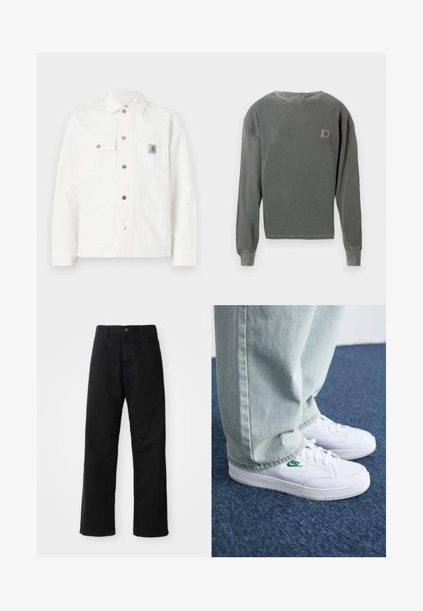 Chaqueta de mezclilla blanca con cuello spread, cierre frontal de botones, dos bolsillos en el pecho y un parche de logotipo en el bolsillo izquierdo.; Sudadera gris de manga larga con cuello redondo y textura acanalada, que presenta un pequeño parche de logo cuadrado en el lado izquierdo del pecho y puños acanalados.; Pantalones de mezclilla negros con corte recto, con bolsillos frontales, cremallera y un solo botón en la parte superior. Tejido texturizado con un acabado mate.; Zapatillas de cuero blanco con logo de Nike verde, puntera redonda, suela plana, combinadas con pantalones de mezclilla azul claro, sobre una alfombra azul.