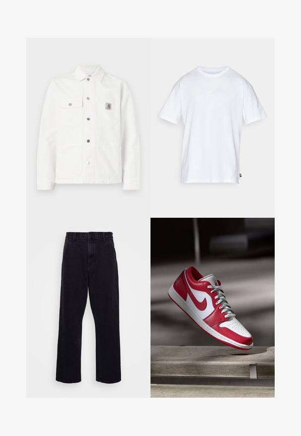 White denim jacket featuring a spread collar, front button closure, two chest pockets, and a logo patch on the left pocket.; White cotton t-shirt with short sleeves and a round neck. Features a small, subtle Nike logo on the chest and a side label.; Black denim trousers with a straight leg design, featuring a button and zip closure, belt loops, and minimal stitching details.; Red and white Nike sneaker hovering above a stone bench in a softly lit indoor setting.