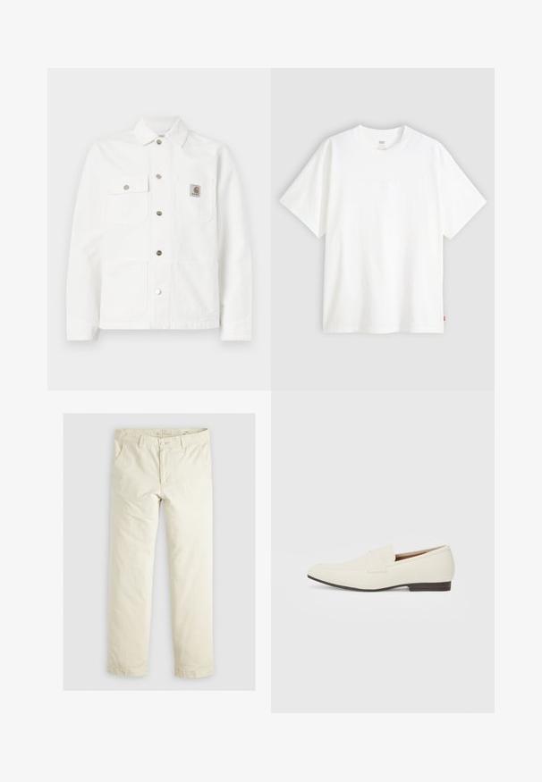 Veste en denim blanc avec col ouvert, fermeture frontale à boutons, deux poches poitrine et un patch logo sur la poche gauche.; T-shirt blanc à manches courtes en coton avec col rond. Présente un détail de logo en relief discret à l'avant et une étiquette rouge à l'ourlet.; Pantalons loose-fit beige clair avec trois poches, passants de ceinture et une coupe droite. Fabriqués en un doux mélange de coton.; Mocassins beige clair avec un bout pointu, en matériau lisse, une sangle sur le devant et une semelle basse marron. Design simple avec des accents minimalistes.