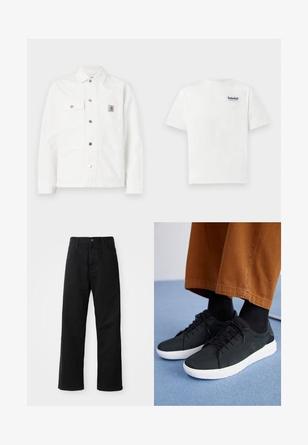 Valge denim-jakk, millel on avatud krae, esimesed nööpide kinnitused, kaks rinna taskut ja logotasku vasakul taskul.; Valge puuvillane T-särk, millel on sinine tikand "Timberland Rugged Active Gear" logo vasakul rinnal. Lühikesed varrukad ja ümmargune kaelus.; Mustadest denimist püksid sirge lõikega, mis sisaldavad ees taskuid, lukufliisi ja ühte ülemist nööpi. Tekstureeritud kangas mati viimistlusega.; Mustad suede spordijalatsid valge kummitaldaga, millel on paeltega kinnitamine, tekstuuriga aktsendid ja tagasihoidlik bränding, koos pruuni pükstega.