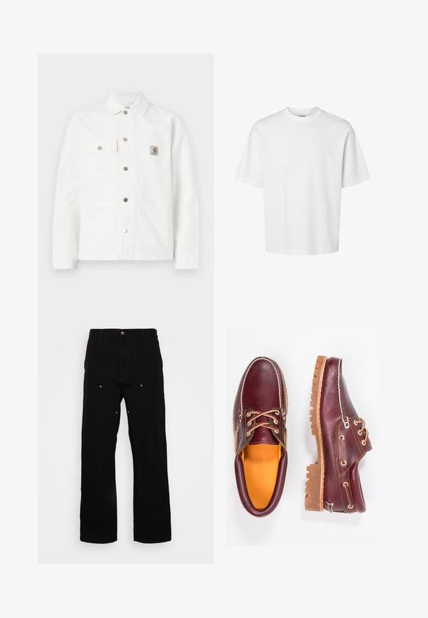 Giacca di denim bianco con colletto a soffietto, chiusura frontale con bottoni, due tasche sul petto e una toppa con logo sulla tasca sinistra.; T-shirt bianco in cotone con maniche corte, scollo rotondo e vestibilità rilassata. Texture liscia senza pattern o dettagli visibili.; Pantaloni in denim nero con design a gamba dritta, dotati di accenti hardware dorati e cuciture visibili sulle tasche anteriori e posteriori.; Scarpe in pelle bordeaux con suole in gomma marrone, punta rotonda, cuciture bianche e occhielli dorati. L'interno presenta un rivestimento giallo.