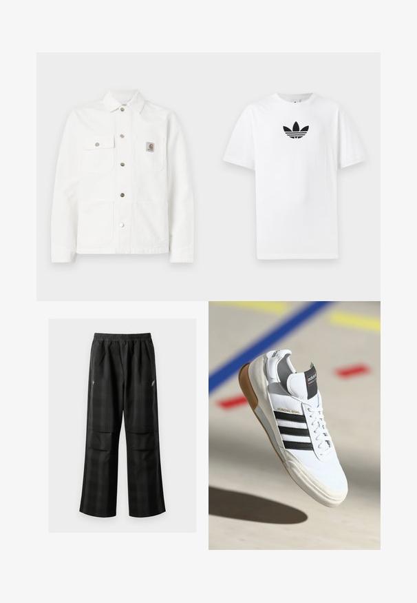 Bílá džínsová bunda s rozepínacím límcem, předním zapínáním na knoflíky, dvěma náprsními kapsami a logem na levé kapse.; Bílá bavlněná tričko s černým logem Adidas uprostřed. Krátký rukáv a design s kulatým výstřihem. Hladká textura.; Černé kostkované kalhoty s elastickým pasem, dvěma předními kapsami a volným střihem se rovnými nohavicemi. Vyrobeny z lehkého materiálu.; Bílé tenisky Adidas Mundial Goal s černými pruhy a gumovou podrážkou, zobrazené ve vzduchu nad sportovním hřištěm s barevnými čarami.