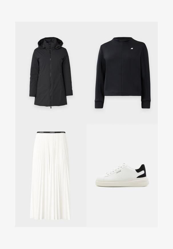 Manteau d'hiver noir à capuche avec une fermeture éclair à l'avant, des manches longues et des poches latérales. Matière lisse et imperméable avec un intérieur légèrement rembourré.; Sweatshirt noir avec un col montant, des manches longues et une coupe ajustée. Présente un petit logo sur la poitrine et un tissu texturé.; Jupe plissée blanche avec une taille élastique noire portant le logo "LACOSTE". Design mi-long avec une texture douce.; Baskets en cuir blanc avec une épaisse semelle blanche, un accent en daim noir au niveau du talon et un logo embossé sur le côté. Design à lacets avec six œillets.