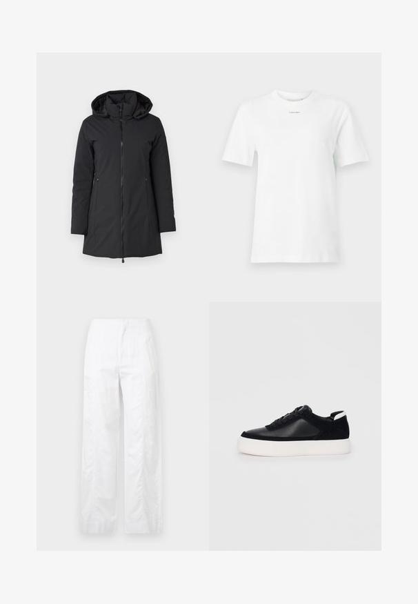 Fekete, kapucnis télikabát elülső cipzárral, hosszú ujjakkal és oldalsó zsebekkel. Sima, vízálló anyag, enyhén párnázott béléssel.; Fehér pamut póló, kerek nyakkal, rövid ujjakkal, és egy kis fekete "Calvin Klein" logóval a mellkason. Egyszerű dizájn, minták nélkül.; Fehér, széles szárú nadrág könnyű anyagból, sima textúrával, letisztult vonalakkal és magasderék kialakítással.; Fekete sportcipő sima bőrből és velúr panelekkel, lapos fűzőkkel, kerek orral és fehér gumi talppal. Megkülönböztető logó a sarkán.