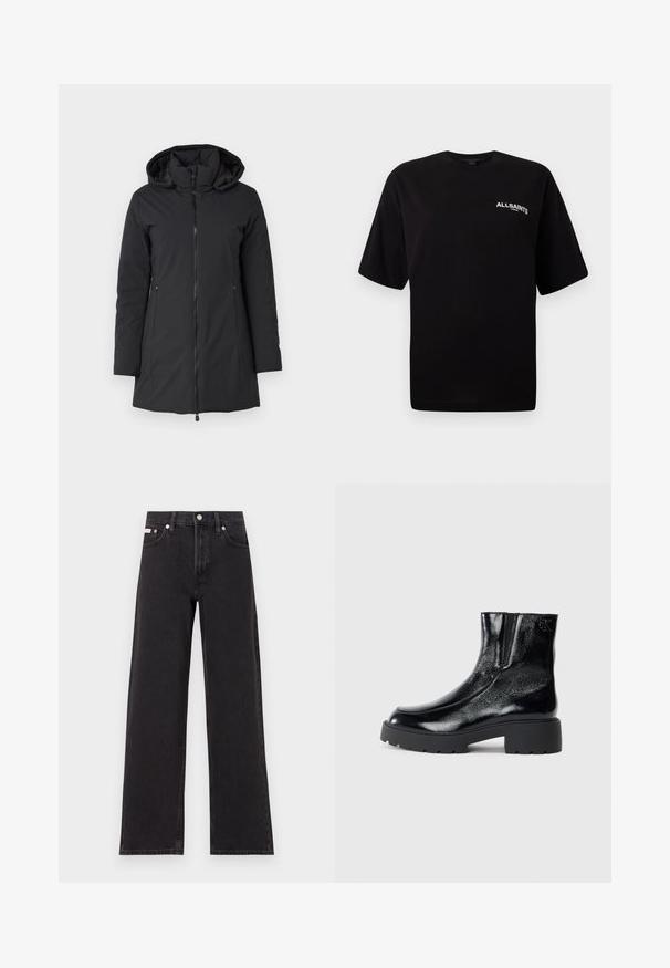 Black, hooded winter coat with a front zipper, long sleeves, and side pockets. Smooth, waterproof material with a slightly padded interior.; Black cotton t-shirt with a crew neckline, short sleeves, and a small white "ALLSAINTS" logo on the left chest. Smooth texture, relaxed fit.; Black wide-leg jeans made of denim, featuring a high-rise waist, five-pocket styling, and a metal button closure with contrasting stitching.; Black ankle boots with a glossy patent leather finish, chunky black rubber sole, and raised heel; includes subtle logo detail on the side.