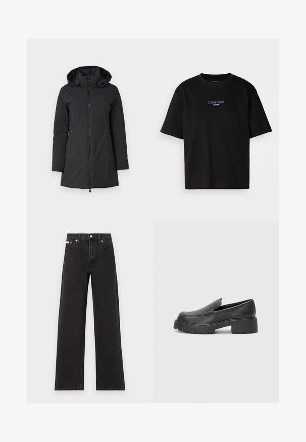 Black, hooded winter coat with a front zipper, long sleeves, and side pockets. Smooth, waterproof material with a slightly padded interior.; Black cotton t-shirt with a round neck, short sleeves, and blue embroidered "Calvin Klein JEANS" logo on the front.; Black wide-leg jeans made of denim, featuring a high-rise waist, five-pocket styling, and a metal button closure with contrasting stitching.; Black leather loafers with a rounded toe, thick textured sole, and minimal stitching details. Sleek design with no visible laces or hardware.